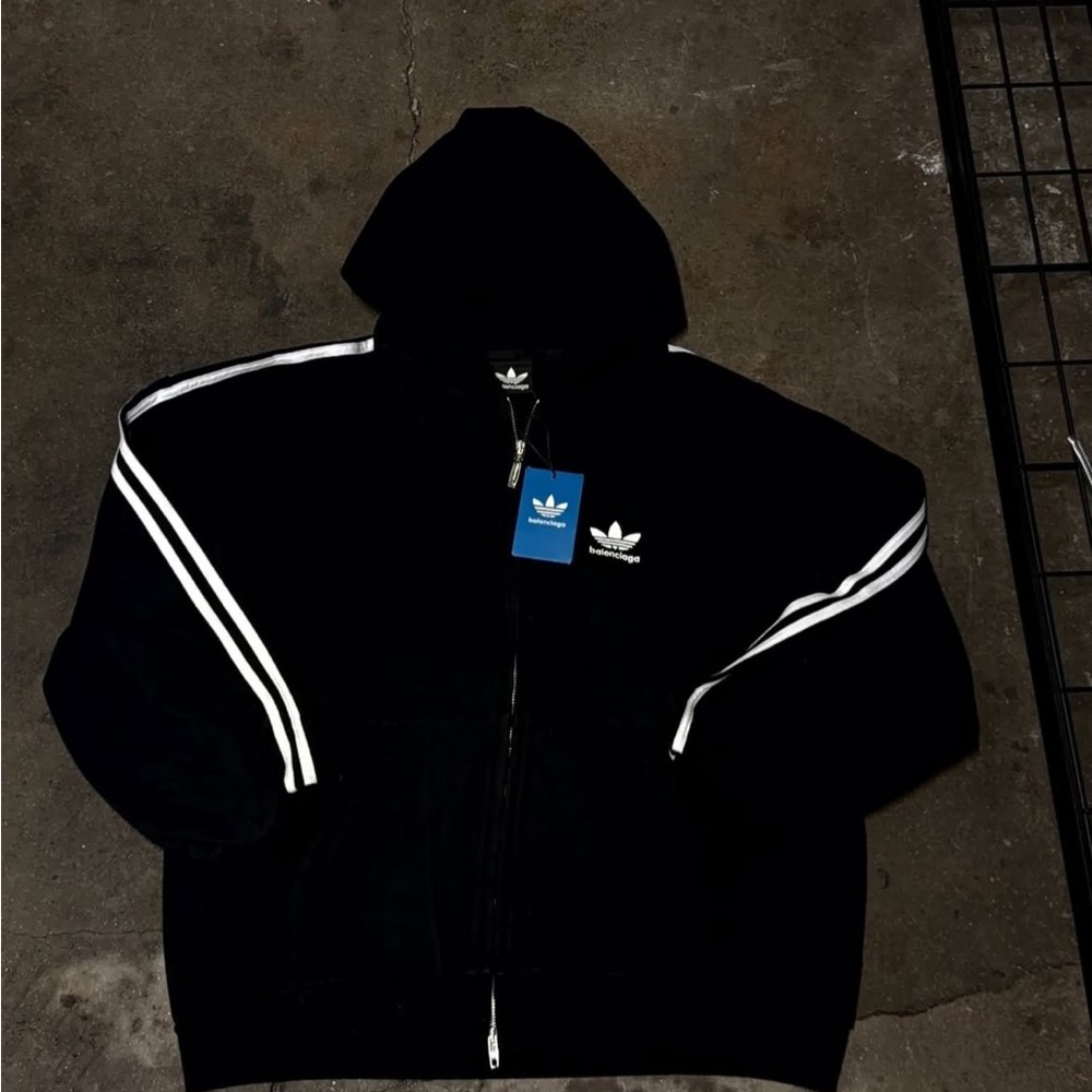 Adidas Black X Balenciaga Collab Hooded Track Jacket with White Stripes